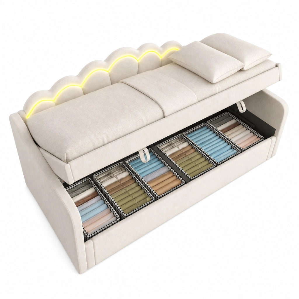 Letto a divano con contenitore 90x200 cm in velluto beige; con LED e sollevamento idraulico