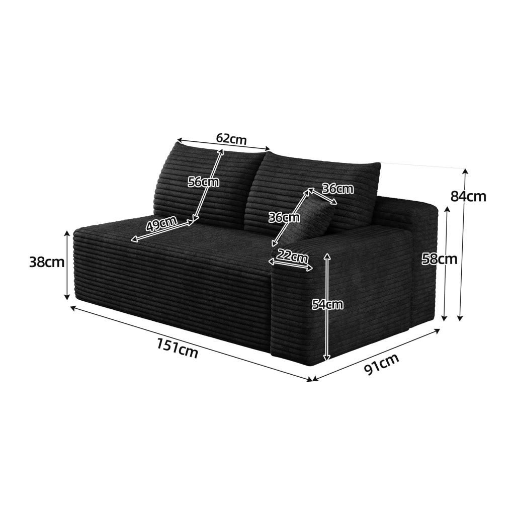 Divano lineare 2 posti in tessuto con schiuma elastica e design a linee fluide, nero 96 × 37 × 37 cm