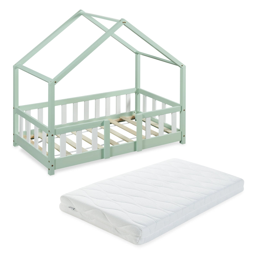 Letto per Cameretta Treviolo a Forma di Casetta in Stile Montessori con Materasso 70x140 cm - Menta Verde/Bianco [en.casa]