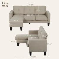 Divano angolare 3 Posti con chaise longue reversibile, 186x130x84 cm, Beige