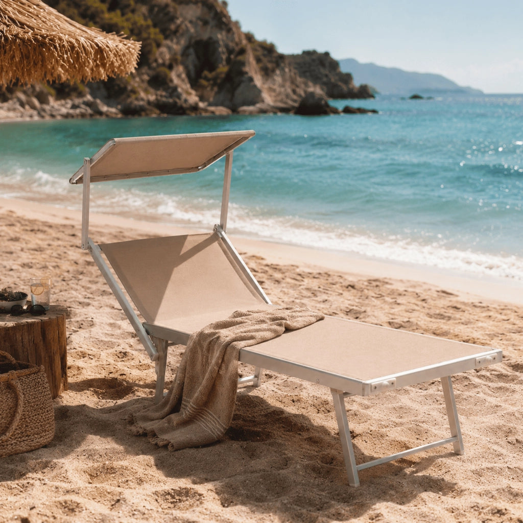 Lettino Prendisole Pieghevole Professionale Tettuccio Regolabile Tettino Parasole Sdraio Relax Mare Spiaggia Piscina Giardino Terrazza Esterno 182 x 60 x 38 Cm Beige