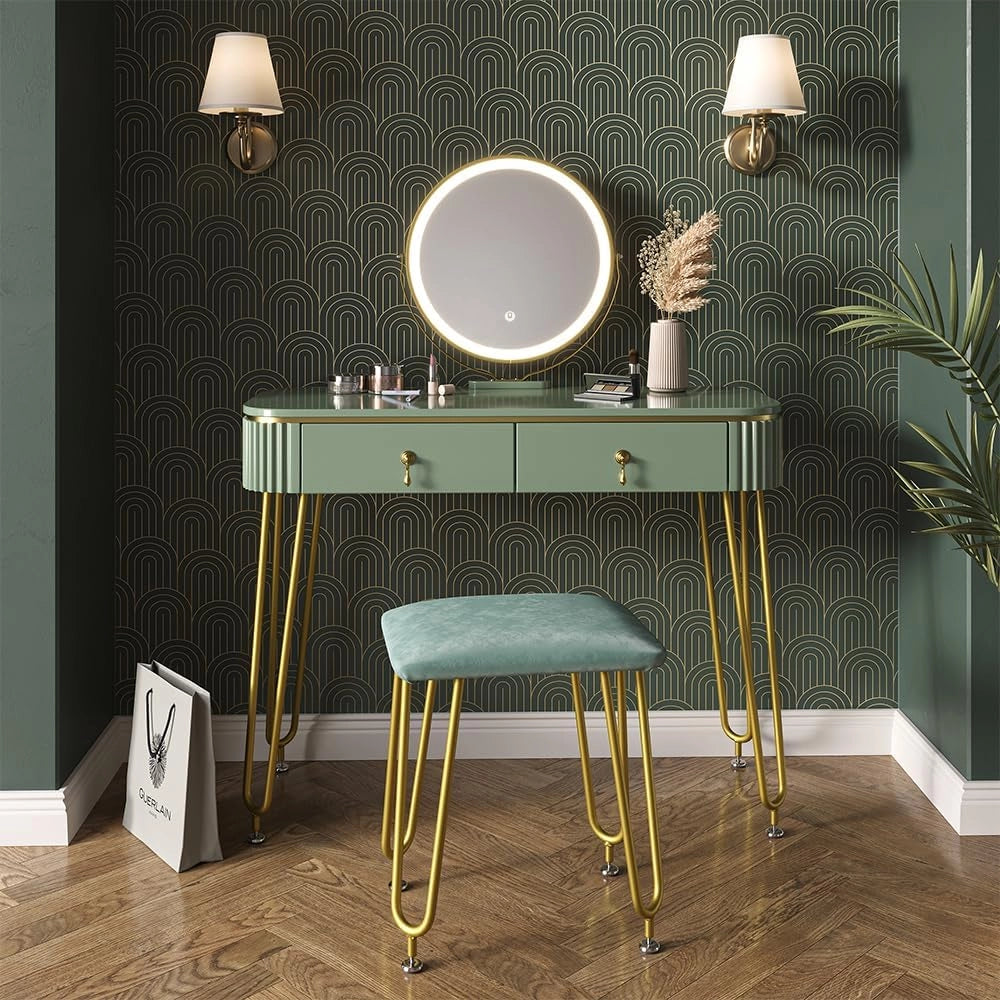 Tavolo da toeletta Grace, Verde, 100 cm con illuminazione LED e sgabello, con illuminazione LED e sgabello come seduta