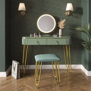 Tavolo da toeletta Grace, Verde, 100 cm con illuminazione LED e sgabello, con illuminazione LED e sgabello come seduta