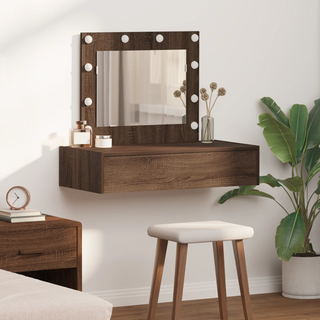 Tavolo da toeletta a parete con luci LED Rovere marrone