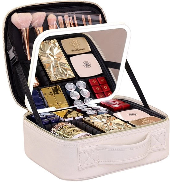 Organizzatore di trucco con specchio illuminato e regolazione di luminosità in 3 modalità - scenario di trucco acqua-resistente - regalo per donne - bianco