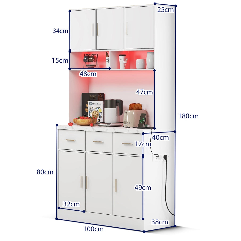 Credenza cucina 100x40x180 cm con LED APP, prese USB e ampio contenitore