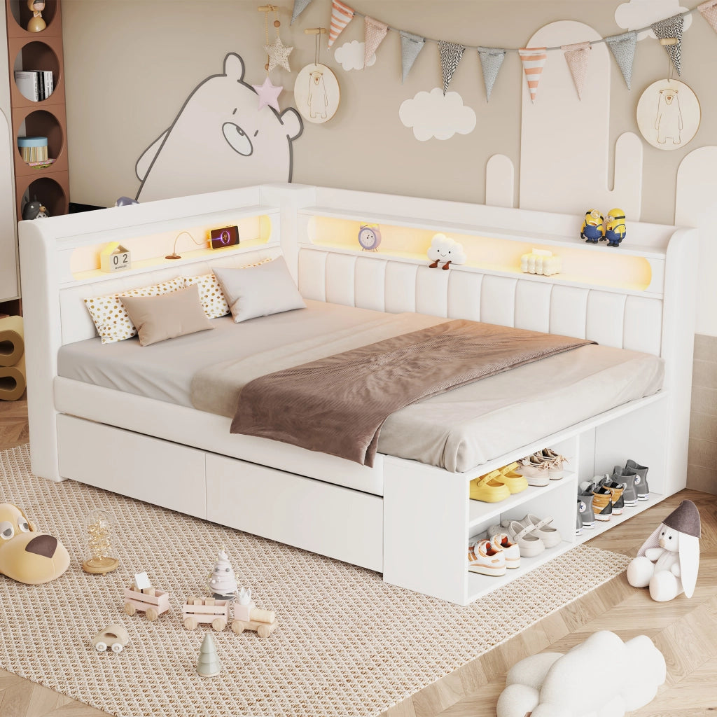 Letto imbottito 90x200 cm con USB; LED e scarpiera in MDF; bianco