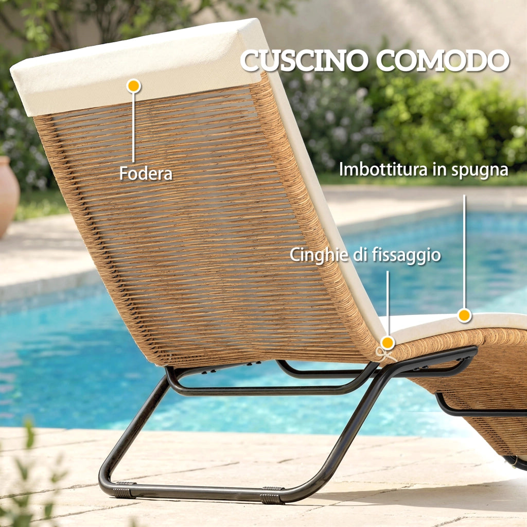 Lettino Sdraio a S da Esterno con Cuscino, in Rattan PE e Acciaio, 175x57x80 cm, Crema