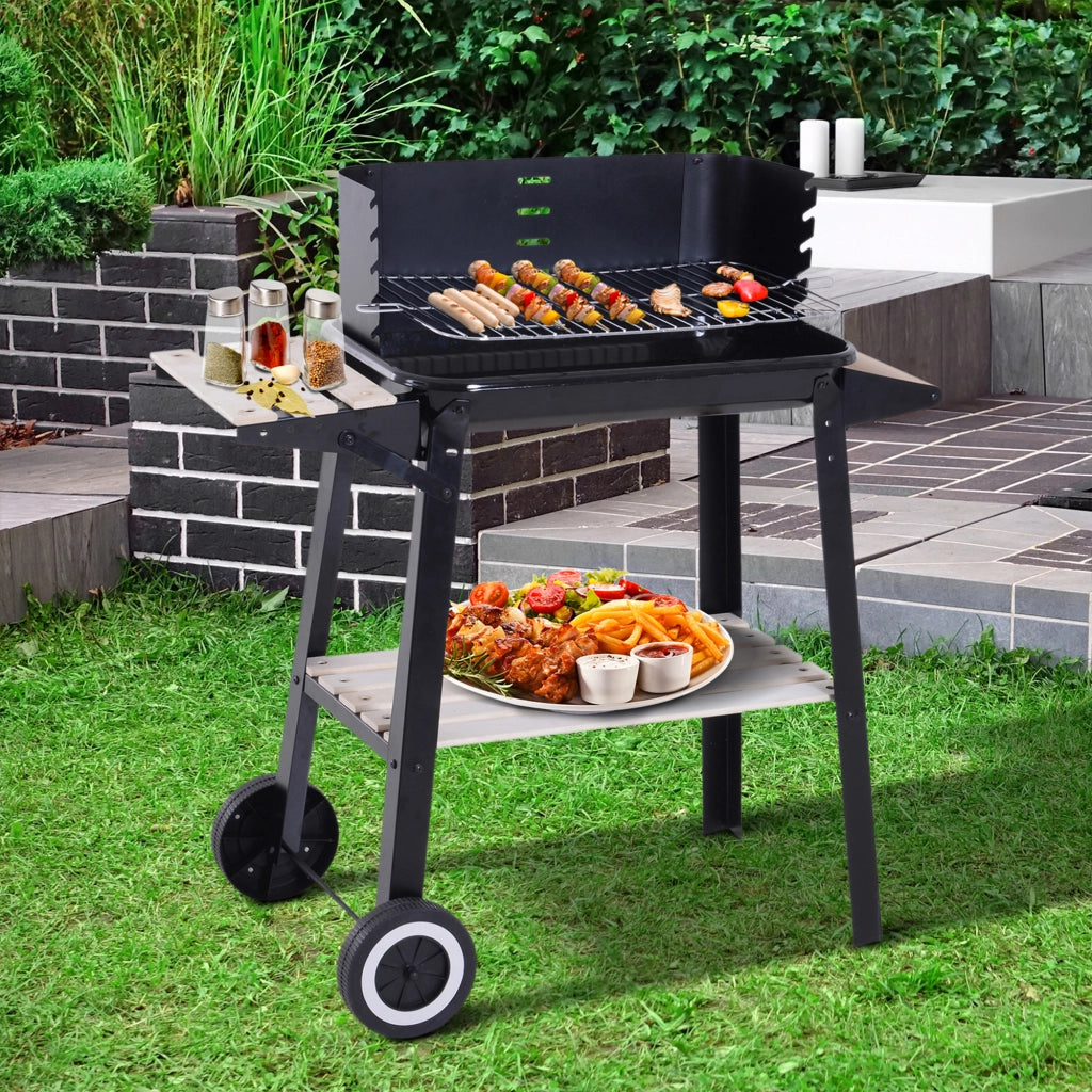 Barbecue a Carbone con Griglia Regolabile, Ripiani e Ruote, 83x37x87cm, Nero