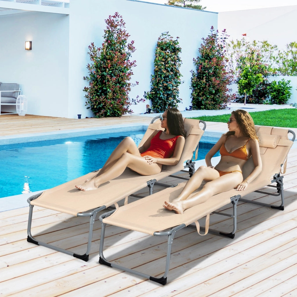 Sdraio regolabile da spiaggia con cuscini abbinati, Lettino pieghevole per il patio campeggio Beige-Poltrone e sdraio