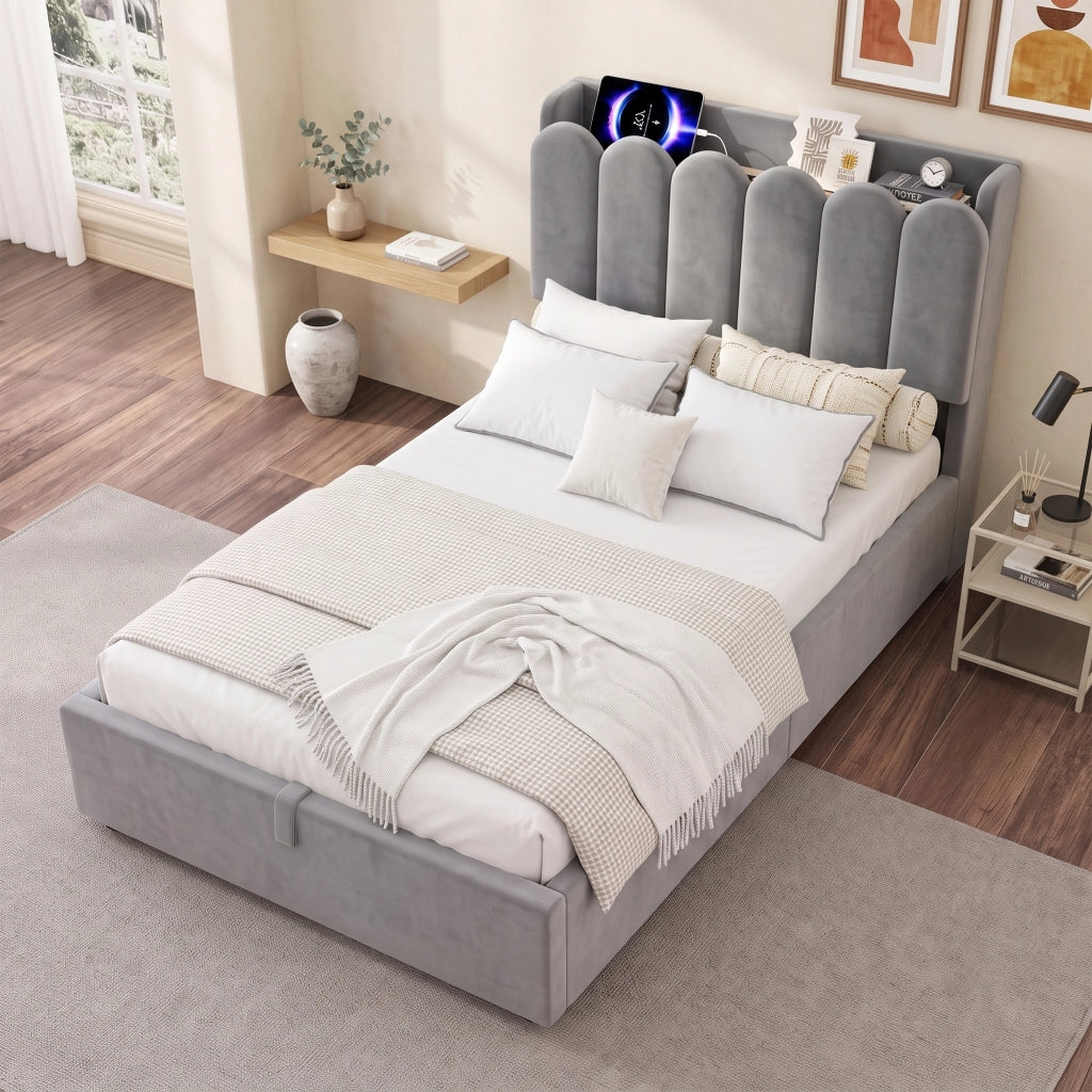 Letto singolo imbottito per bambini 90x200 cm con contenitore, doghe incluse, USB/Type-C e luce, velluto grigio