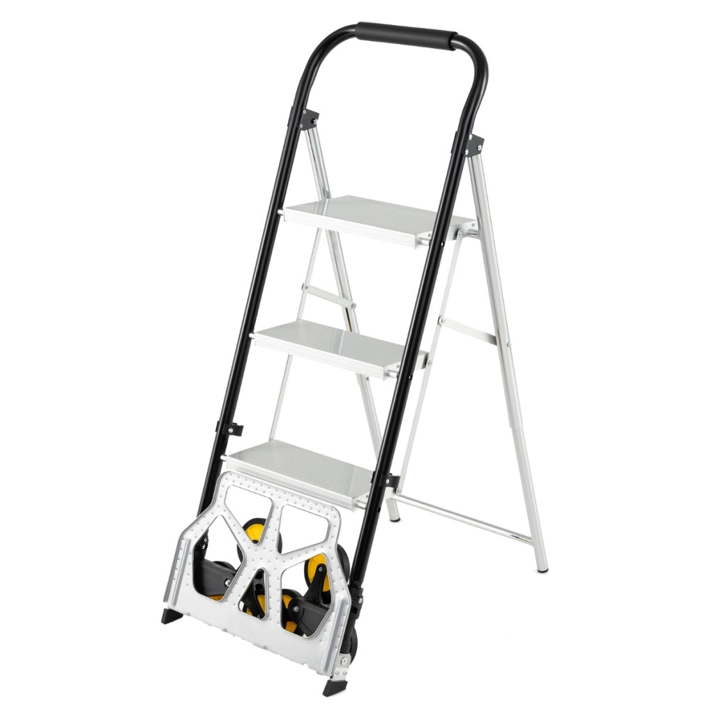 Sgabello a 3 gradini in alluminio con pedali antiscivolo con ruote, Carrello a mano pieghevole 2 in 1 e scala Nero e argento-Deposito utensili Tool