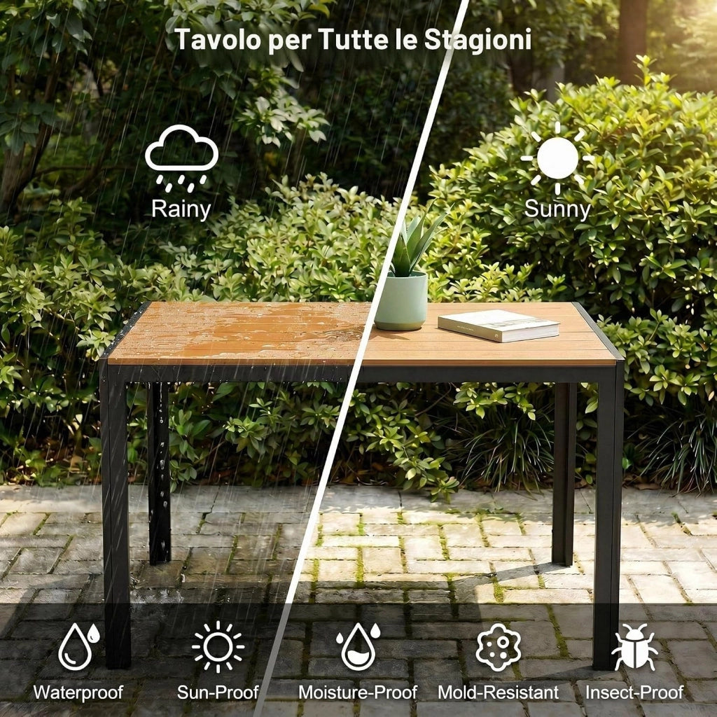 Tavolo da Giardino 110x70 cm, Tavolo da Terrazzo in WPC per 4-6 Persone, Tavolo da Balcone Resistente alle Intemperie con Telaio in Alluminio, Design Effetto Legno,Marrone Teak