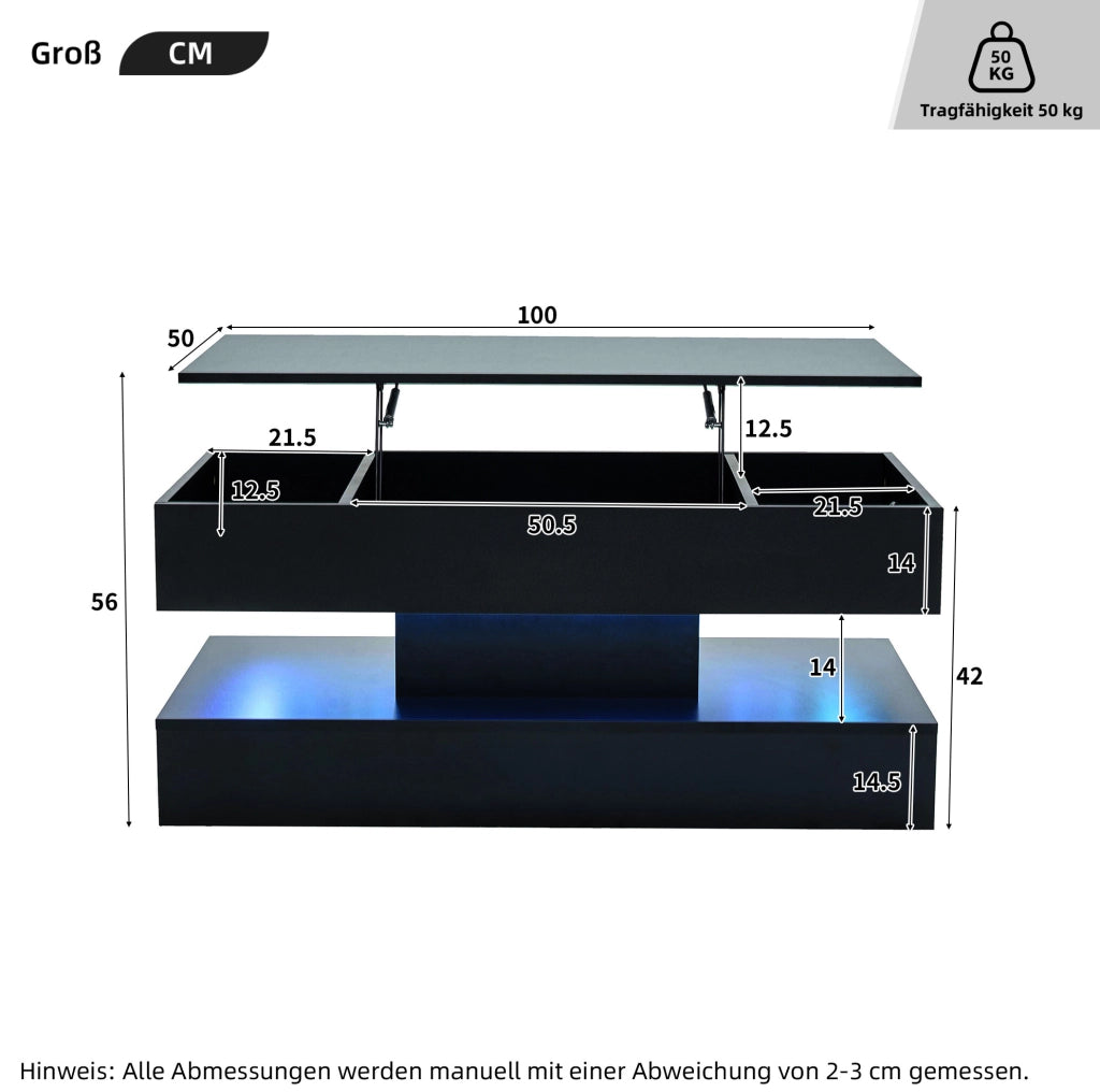 Tavolino da salotto sollevabile con LED; vano contenitore e prese EU; 100x50x42 cm; nero