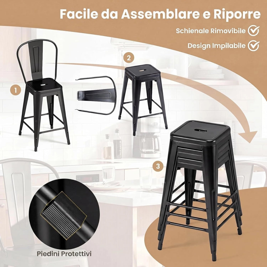Set da 4 Sgabelli da Bar in Metallo con Schienale Rimovibile | Sedie per Cucina Impilabili con Poggiapiedi, Sgabelli da Bistrot per Soggiorno e Sala da Pranzo, Portata 160 kg
