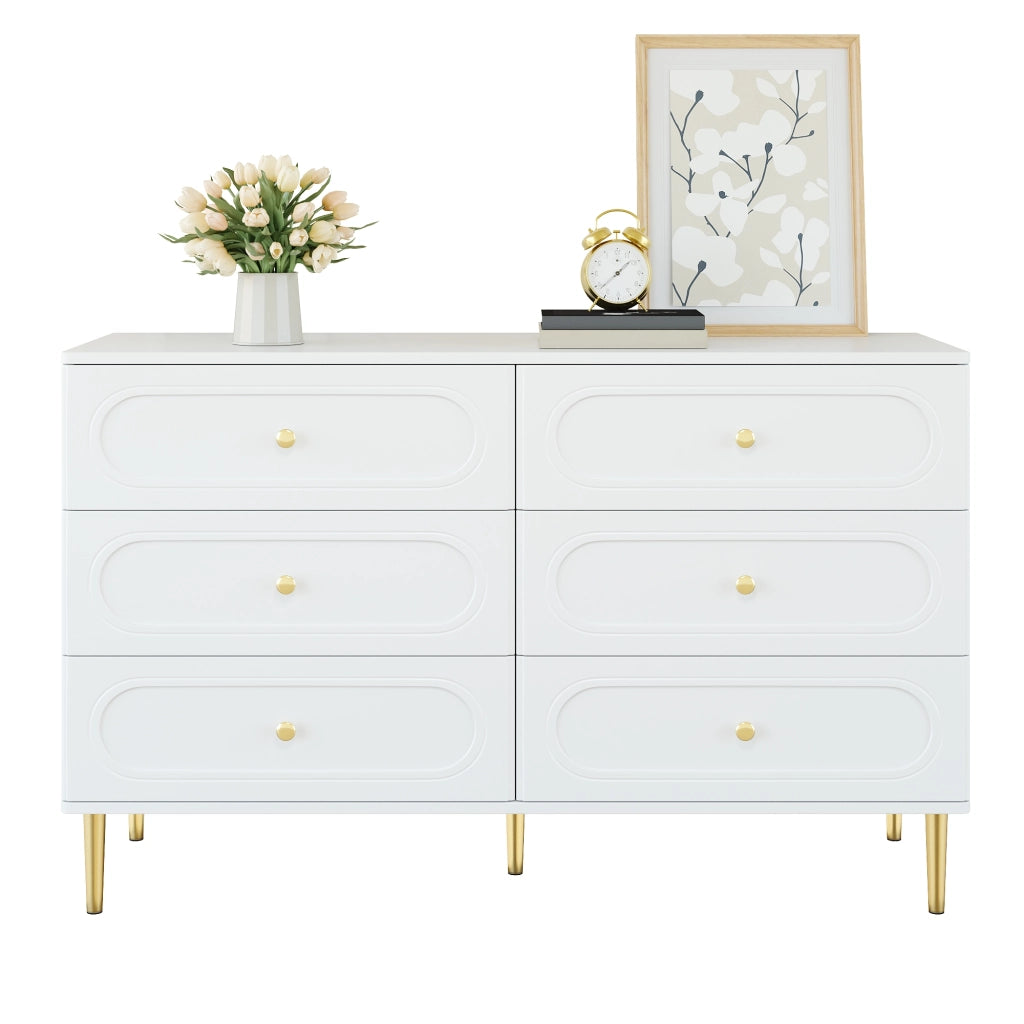 Credenza con 6 cassetti e piedini in metallo - per soggiorno - 120×40×75 cm - bianco