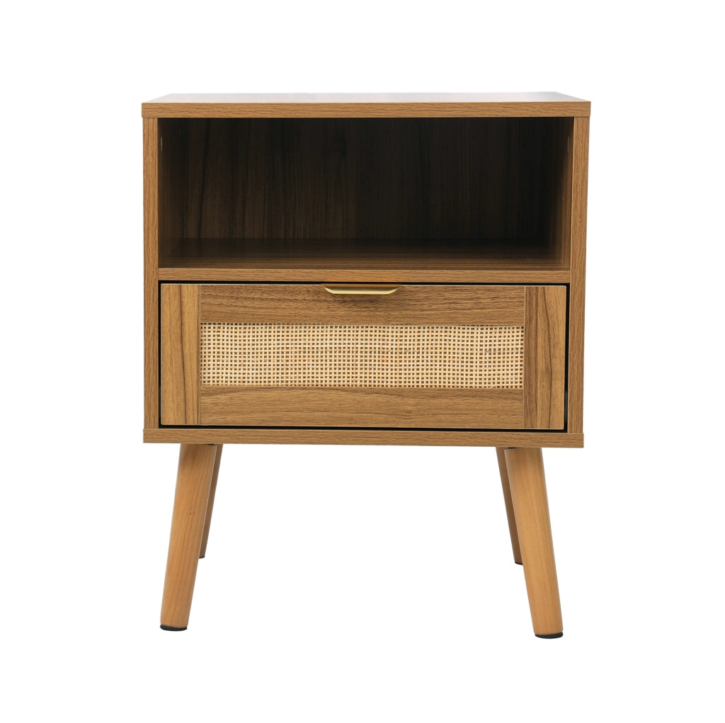 Comodino 45x40x55 cm in MDF e rattan effetto noce con cassetto -