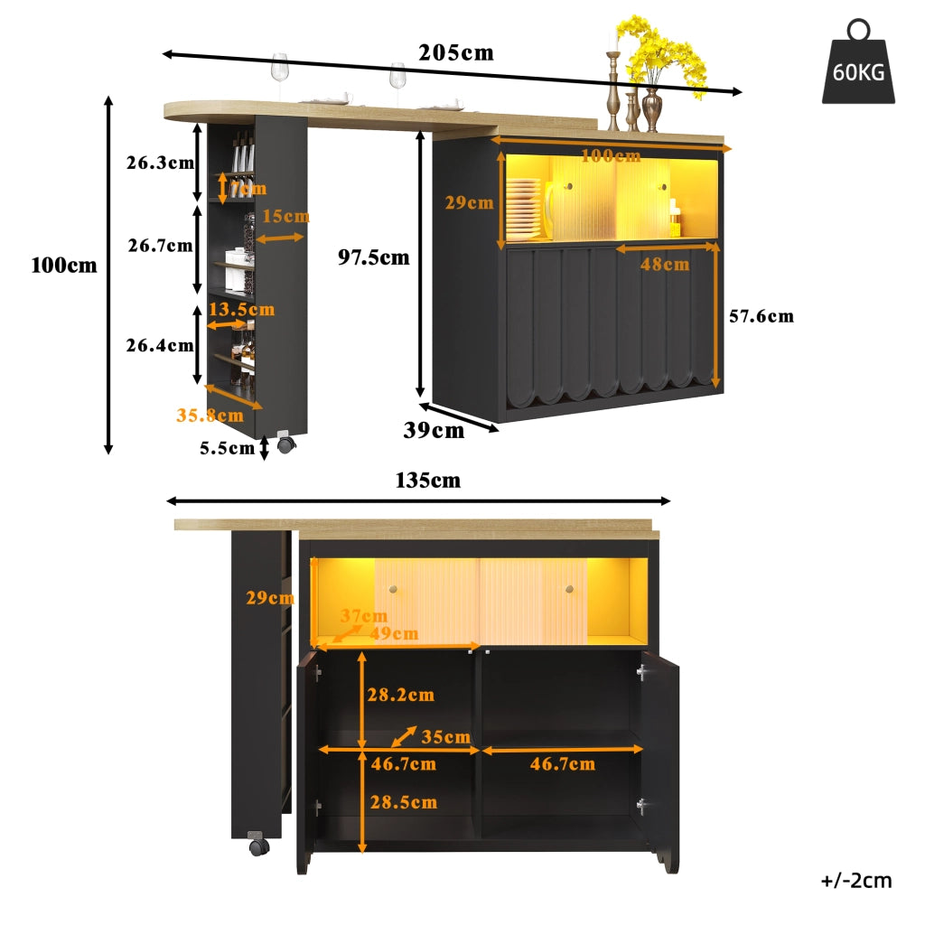 OKWISH Carrello da Cucina Estensibile con Vano Contenitore e Ripiani Regolabili, LED e Ruote, per Cucina, MDF e Vetro, 135-205 x 39 x 100 cm