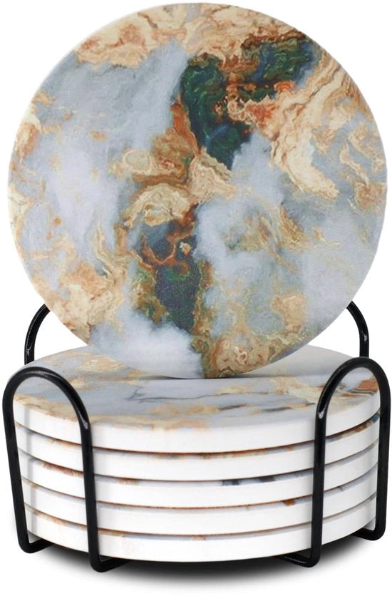 Set di sottopiani in ceramica bianca con maniglia, assorbenti rotondi, tazze per caffè da tavola per esterni, tappi divertenti, set di 6 pezzi