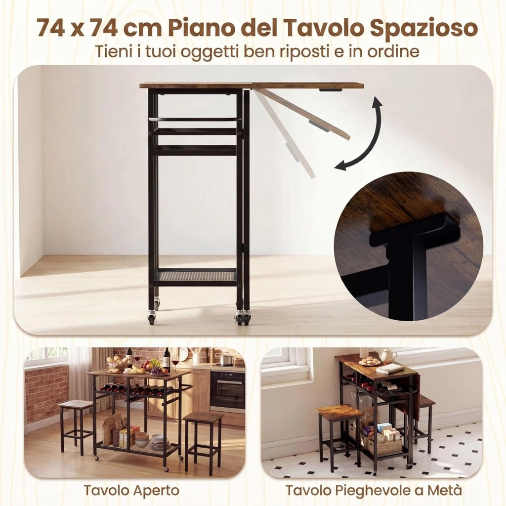 Set Tavolo da Pranzo Pieghevole 3 Pezzi, Tavolo Salvaspazio Estendibile con 2 Sgabelli con Ruote, Portabottiglie da 6 Posti, Ripiani e Maniglia Laterale per Cucina (Caffè,Modello 2)