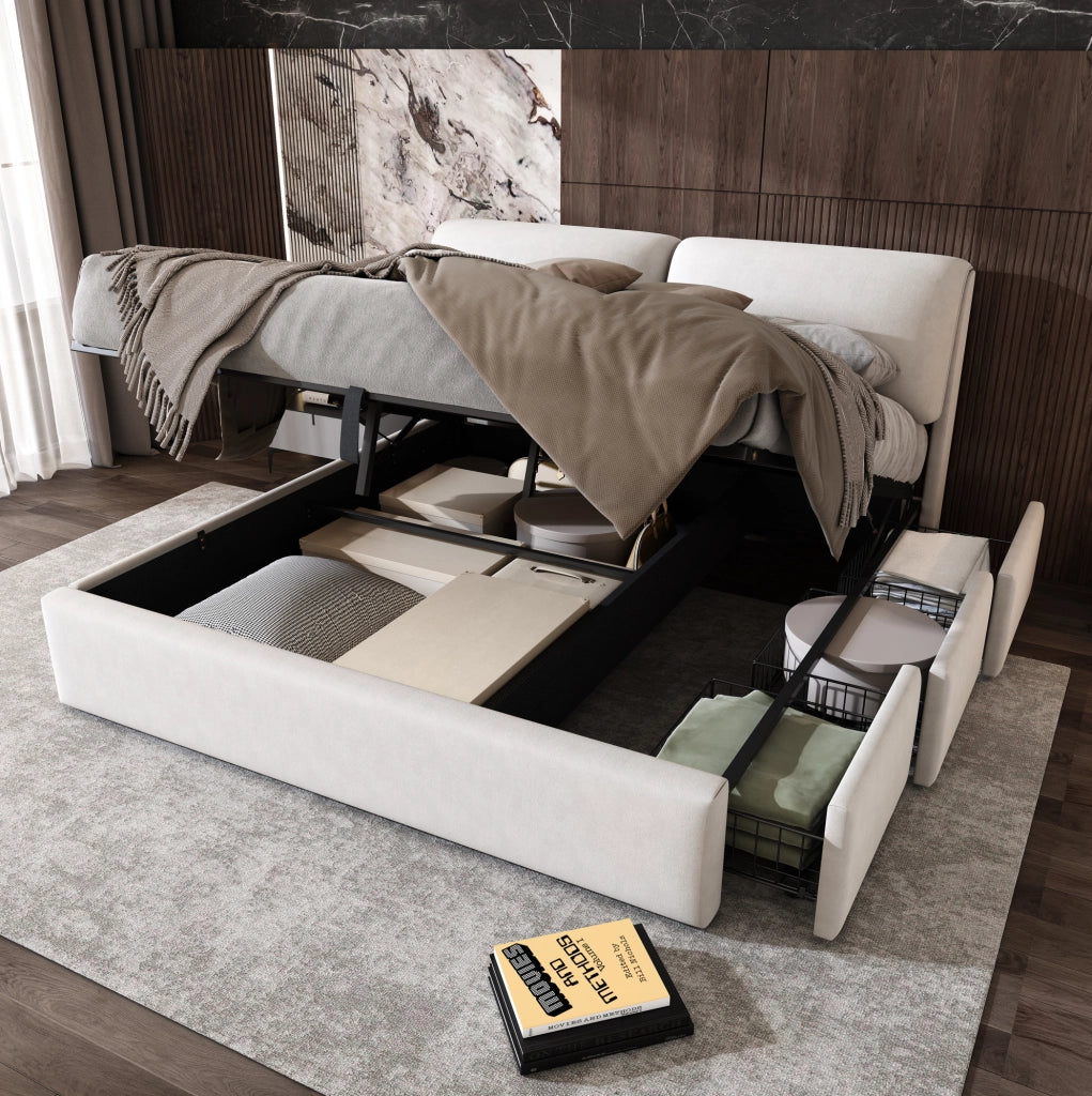 Letto imbottito 180x200 cm beige in velluto con contenitore