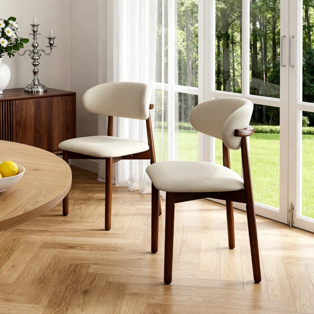 Set di 2 sedie da pranzo con schienale ergonomico; legno di quercia effetto noce e rivestimento bianco