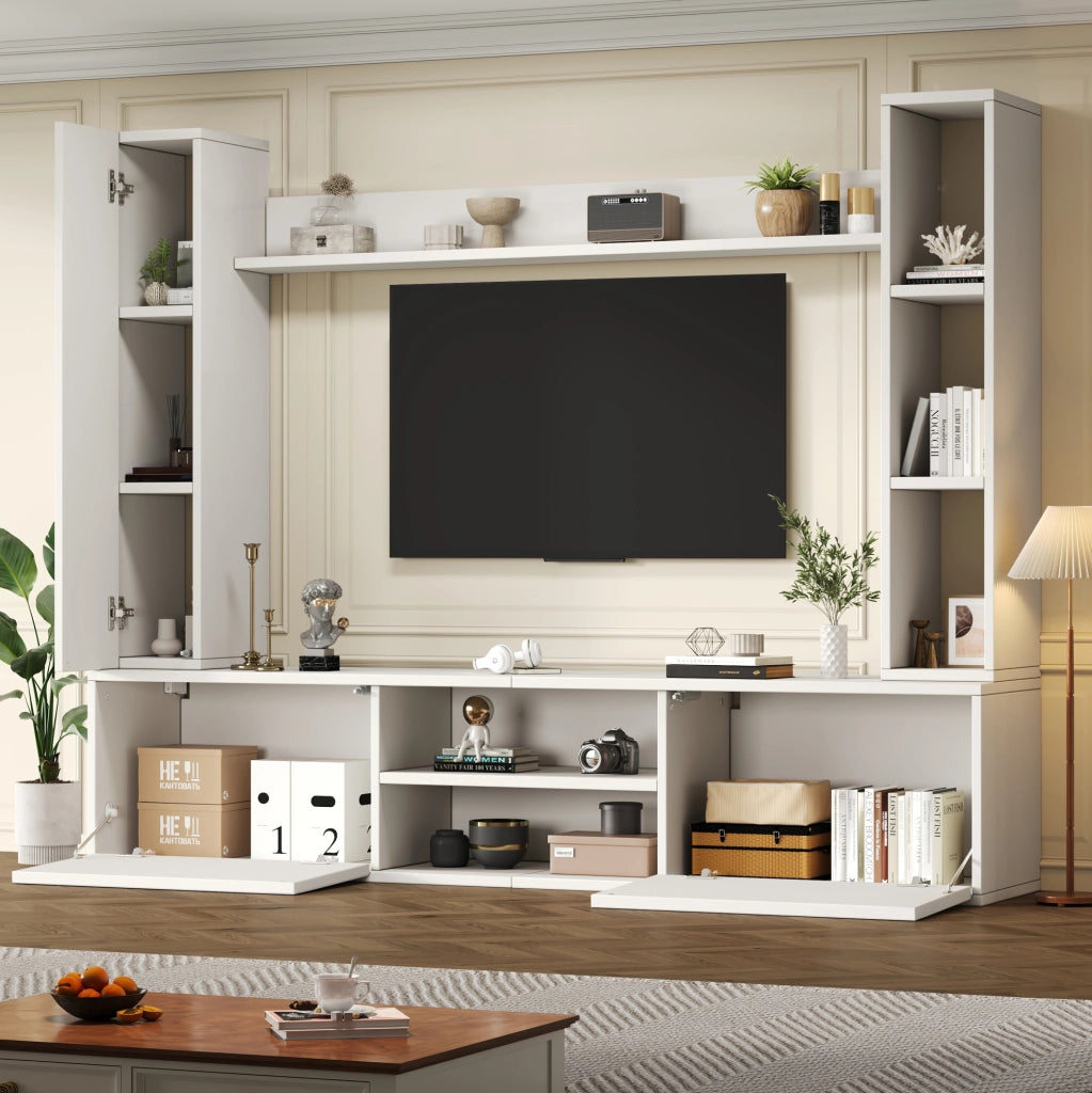 Set parete TV con ampio spazio contenitivo in truciolare bianco