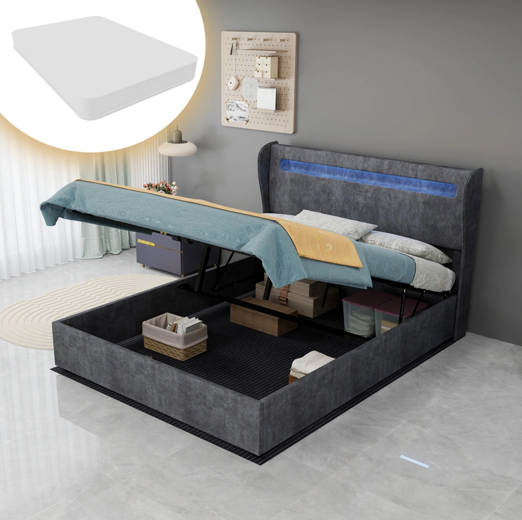 Letto 140x200 cm con testiera regolabile e LED multicolore; tessuto e metallo; grigio