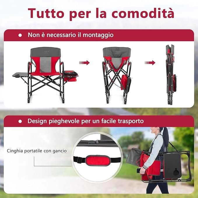 Sedia da Campeggio Pieghevole, Sedia da Regista Robusta con Tavolino, Borsa Frigo, Borsa Portaoggetti e Cinghia, Portata 180 kg, per Campeggio Escursione Pesca Picnic (Rosso)