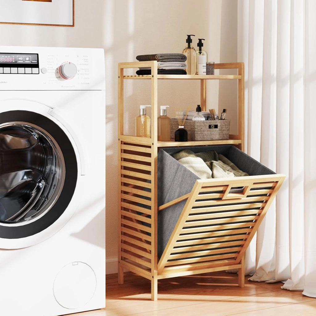Mobiletto con Portabiancheria a 2 Ripiani da Bagno a Ribalta, Cesto per Bucato in Bambù da 43L, Cesto per Lavanderia Sporca in Tessuto Pieghevole, 43,5 x 33 x 96 cm, Naturale