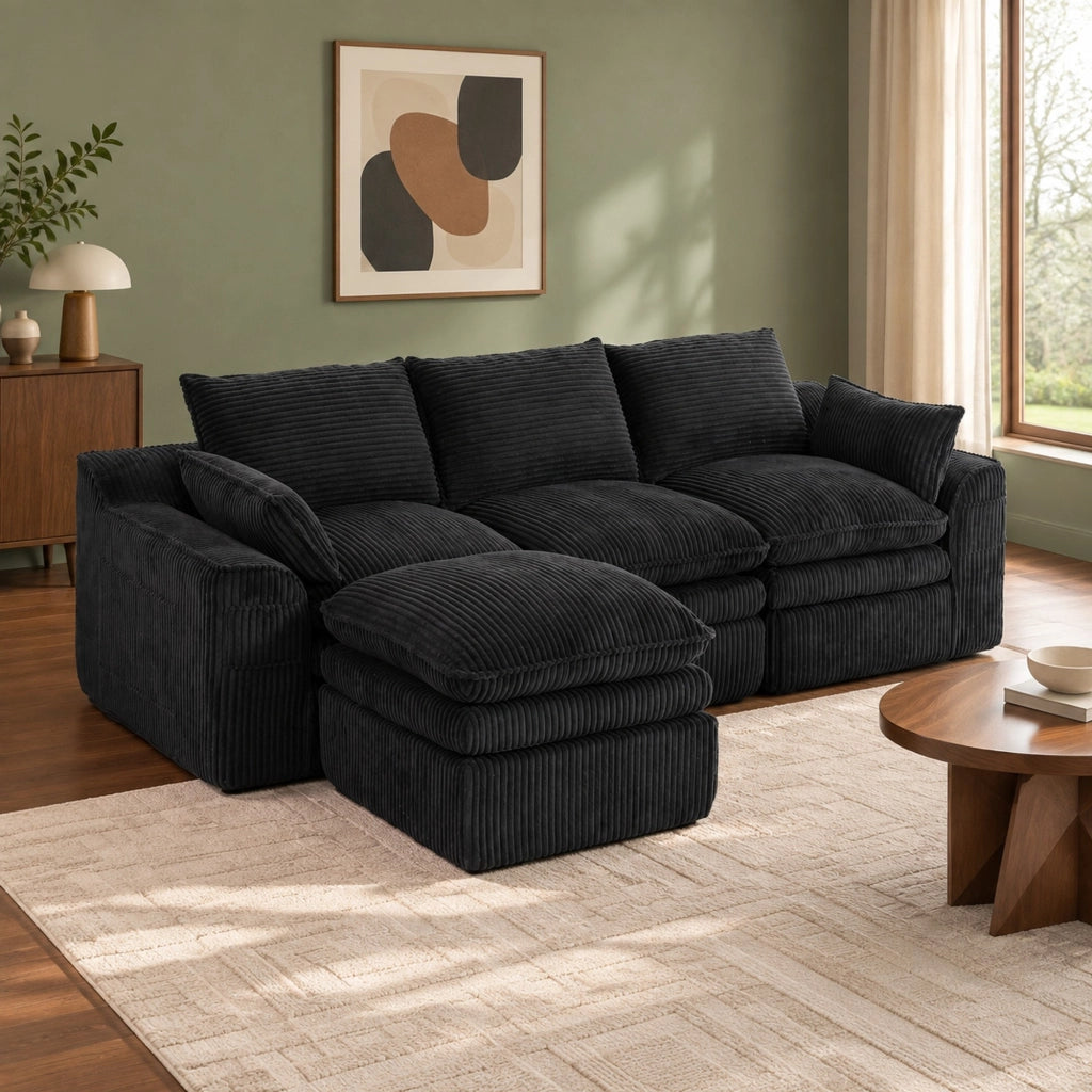 Divano modulare 263x167x85 cm con pouf; tasche laterali e molle; velluto a coste nero