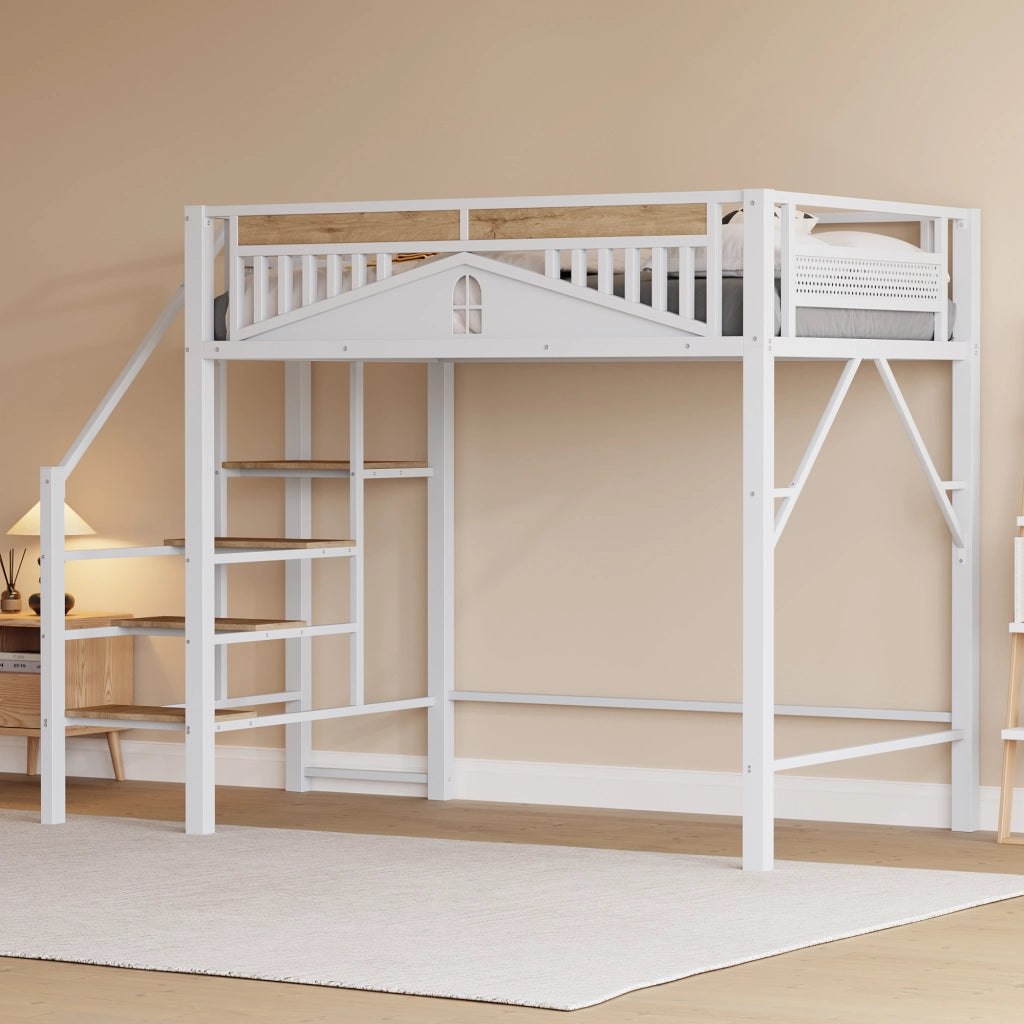 Letto a castello metallo e legno bianco con scala di sicurezza e spazio di stoccaggio 140x200 cm