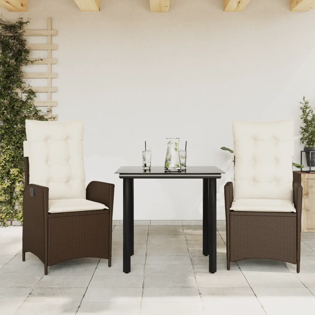 Set da Pranzo da Giardino 3pz | Set Salotto da Giardino con Cuscini in Polyrattan Marrone