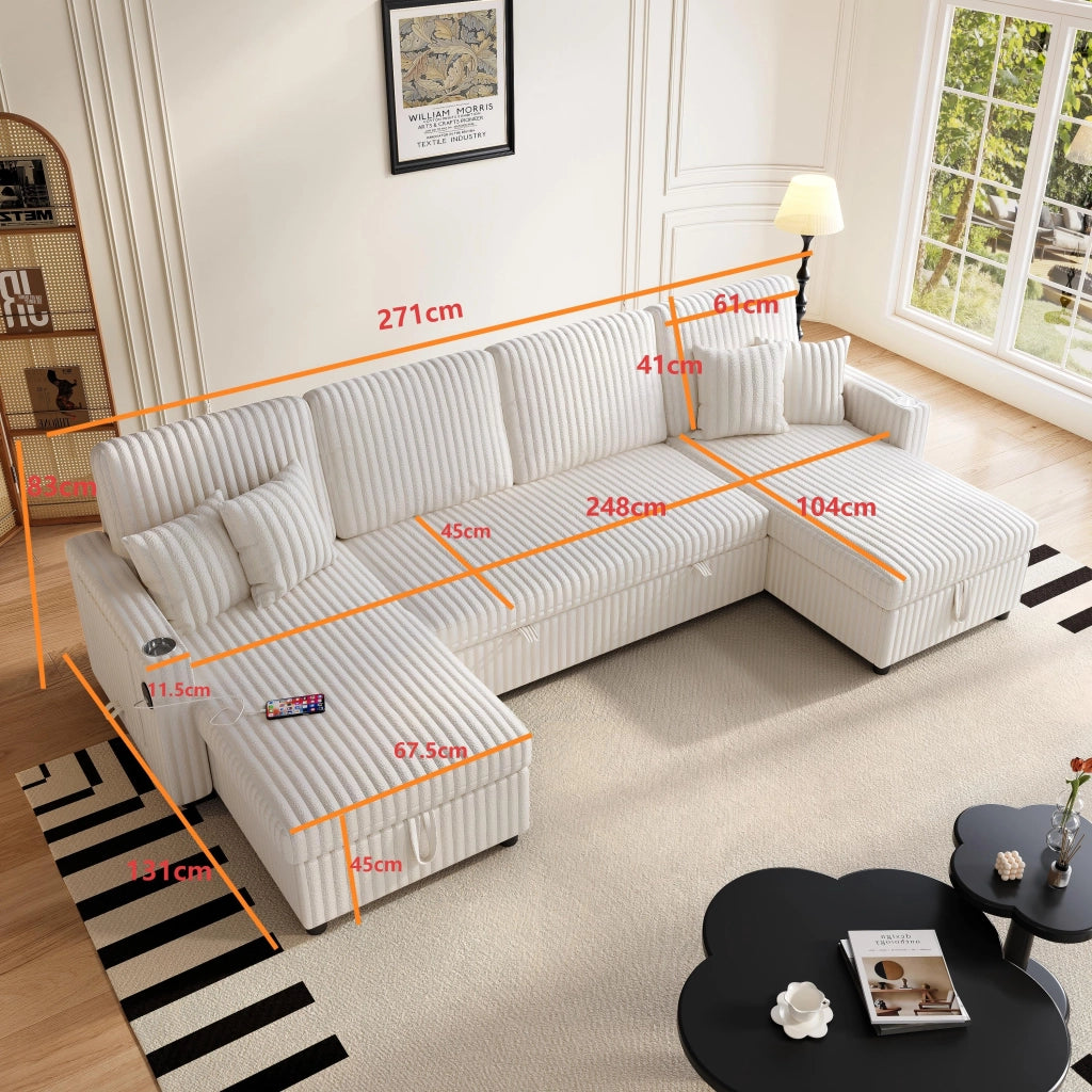 Divano panoramico a U modulare con funzione letto; contenitore; USB e portabicchieri in velluto a coste beige