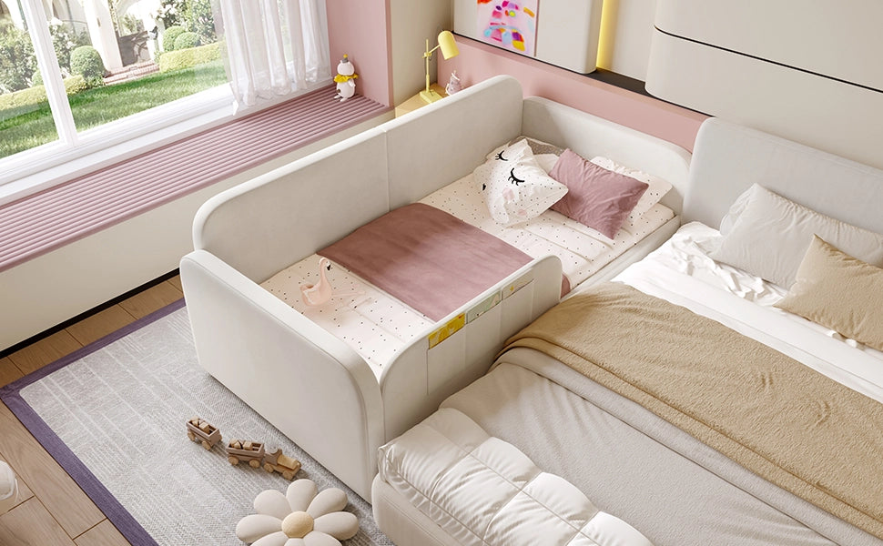 Letto affiancabile per bambini con 2 cassetti su ruote e 3 tasche; velluto bianco; 90x200 cm; senza materasso