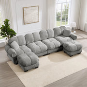 Divano modulare angolare a U 330x149x90 cm in ciniglia con pouf mobili; grigio chiaro