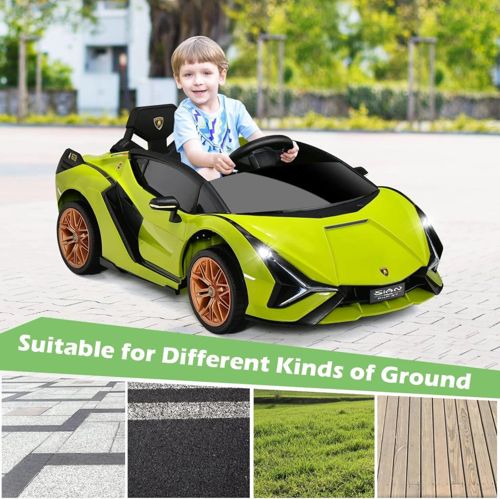 Macchina Elettrica per Bambini Lamborghini SIAN 12V con Telecomando, Auto Elettrico a Pedale e Luci LED, Veicoli con Musica, MP3, Clacson e Radio, Carico 25 kg, 3-8 Anni (Verde)