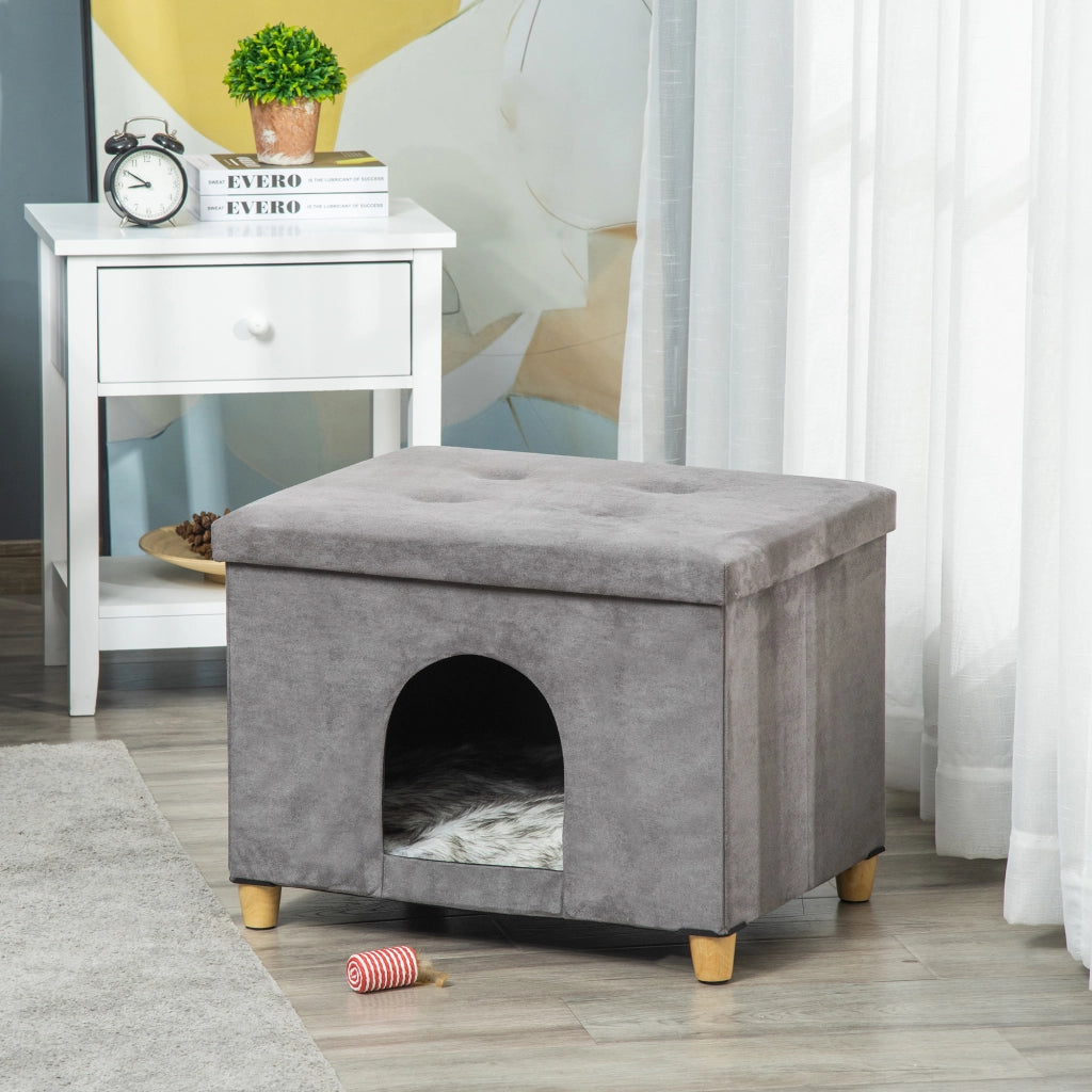Casetta per Gatti Pouf Poggiapiedi Imbottito con Cuscino Rimovibile e Lavabile, Grigio