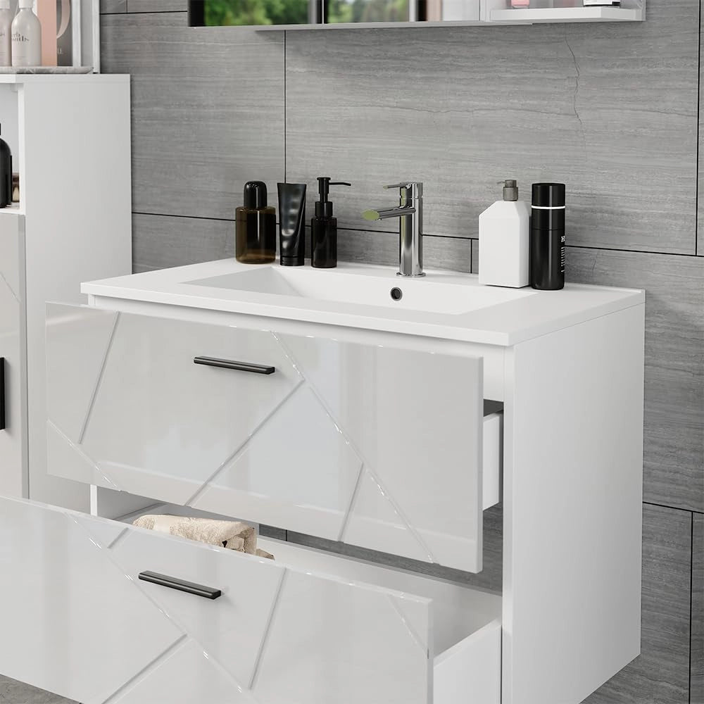 Set di mobili da bagno Irma, Bianco/bianco lucido, 80 cm, composto da mobile sottolavabo e lavabo