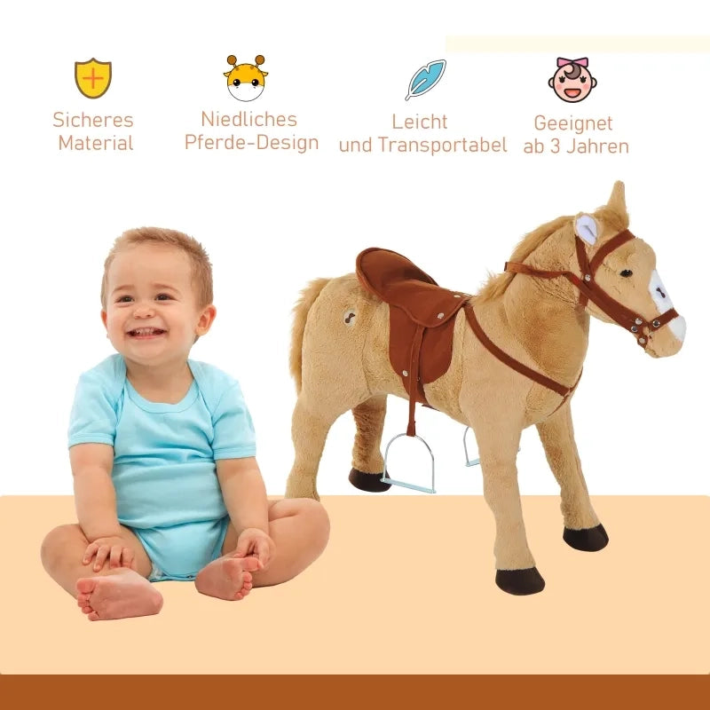 Cavallo a dondolo in peluche beige con suono, 85x28x60 cm, ideale per bambini