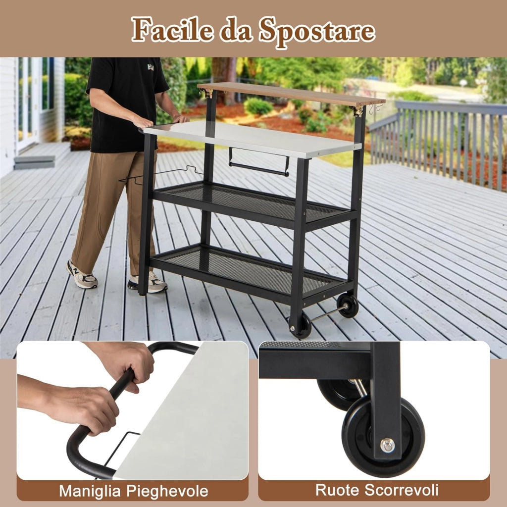 Carrello per Barbecue con 3 Ripiani e Tavola Ribaltabile, Carrello da Cucina con Ruote e 6 Ganci, Carrello Porta Griglia Multiuso in Ferro Zincato, per Interno ed Esterno, 116 x 55 x 130 cm