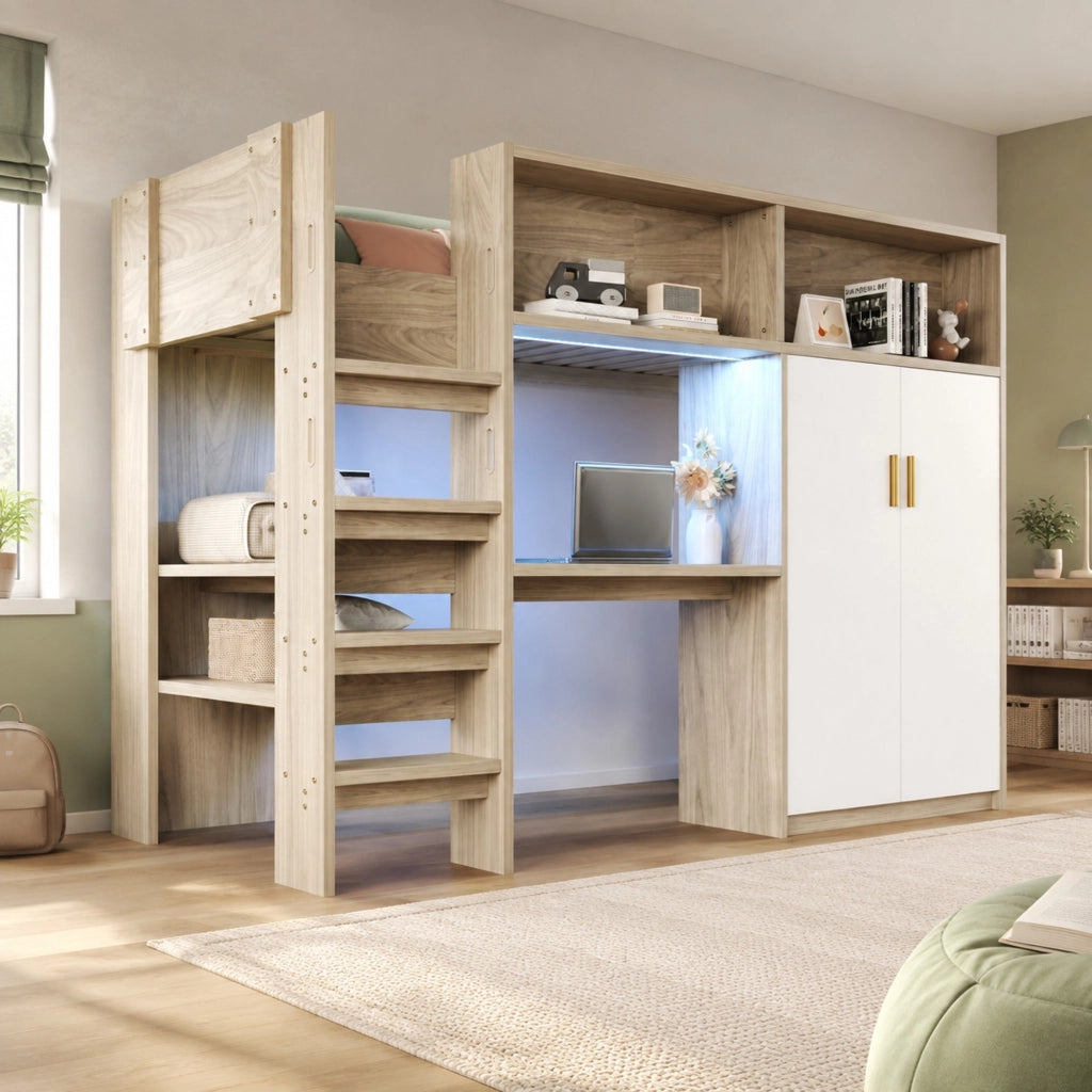 Hochbett multifunzionale 90x200 cm in legno naturale con scrivania; armadio; scaffali e LED