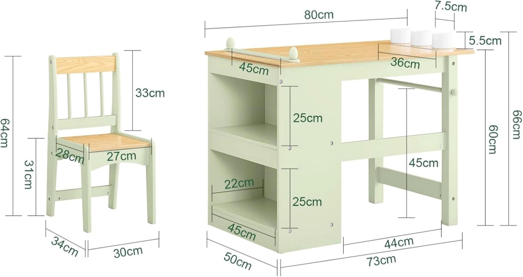 Tavolino Bambini con 1 Sedia, Set Tavolo e Sedie per Bambini Multiattività con 2 Ripiani, Tavolo Disegno e Gioco, Sedia Scrivania Cameretta Verde 80x50x66cm KMB60-GR