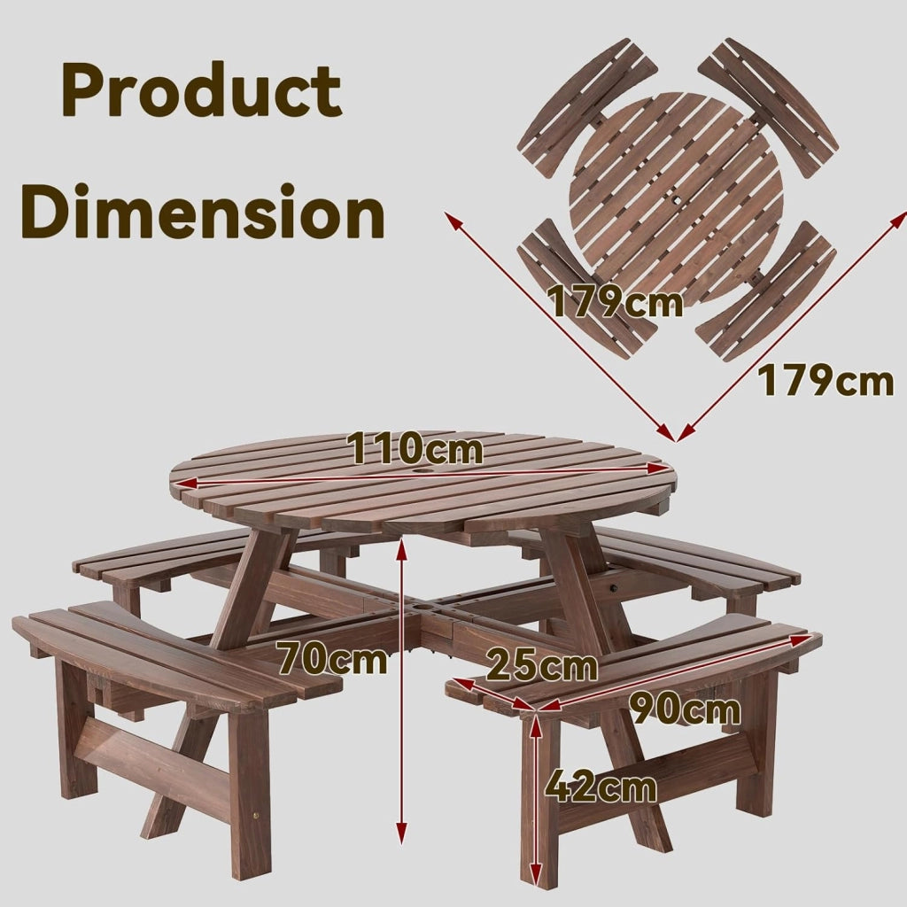 Set da Giardino per 8 Persone in Legno di Abete, Tavolo con Sedie Integrato e Foro per Ombrellone, Mobili da Esterno per Terrazza, Cortile e Pic-Nic, 178 x 70 cm