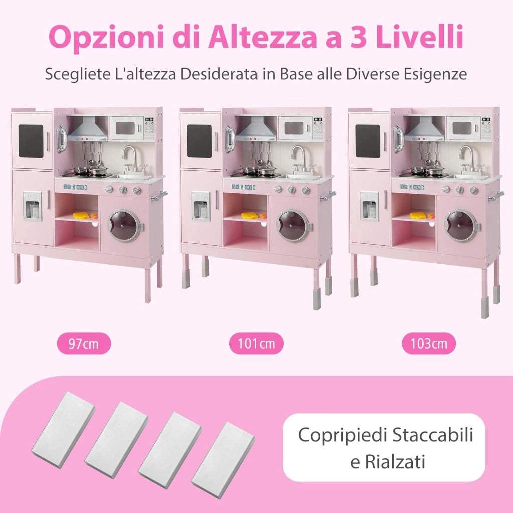 Cucina Giocattolo per Bambini, Cucina Legno per Bambini con Macchina del Ghiaccio, Telefono, Lavatrice, Microonde, Altezza Regolabile, Funzione Luci e Suoni, per 3+ Anni (Rosa)