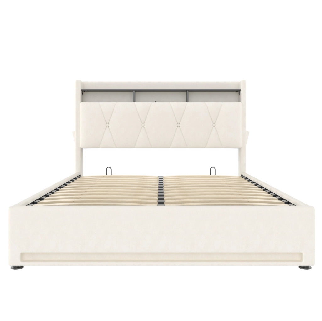 Letto contenitore 140x200 cm in velluto beige con LED e USB-C