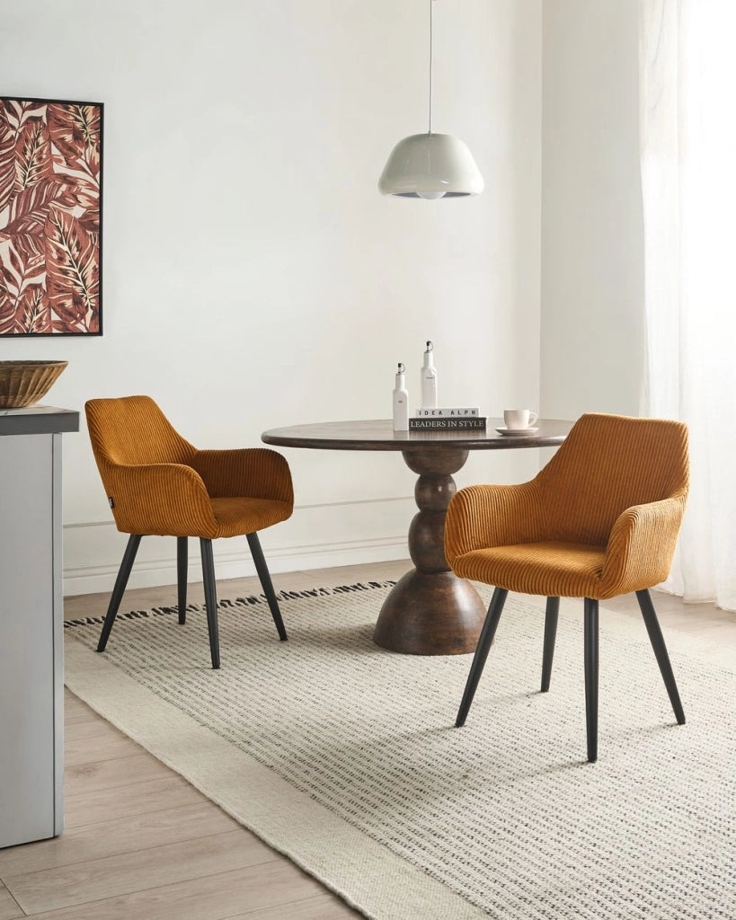 Set di 2 sedie da pranzo in velluto a coste rivestimento in velluto arancione con braccioli base in metallo design moderno