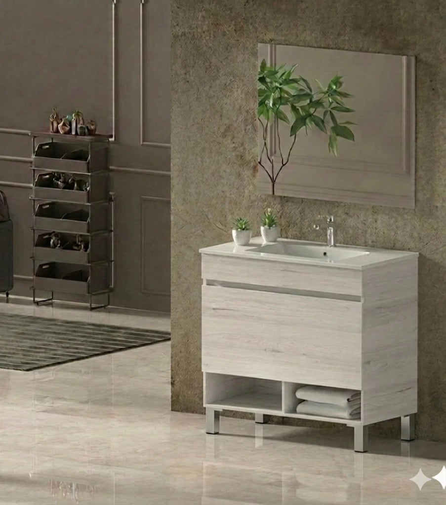 Mobile Bagno NEBARI com gambe Già Montato 1 cassetto, lavabo e specchio Bianco nordico 100x40 cm