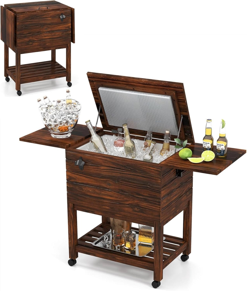 Frigorifero per rotelle, 51 l, bar all'aperto mobile 67 x 47 x 74 cm, tempo di mantenimento 2-4 ore, materiale in legno di pino solido, per giardino, terrazza, piscina, bistrot, naturale