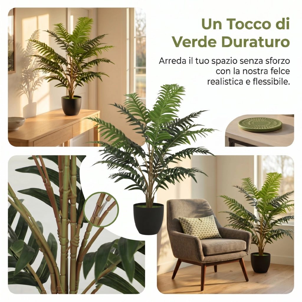 Pianta Artificiale Felce ¨C zephmum ¨C Verde 20 Foglie in PEVA Vaso Nero in PP e Cemento